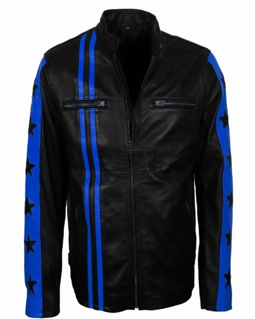 Men Blue Stripes Biker Jacket - image 3