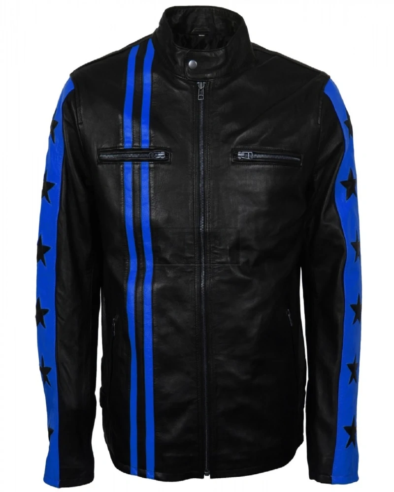 Men Blue Stripes Biker Jacket - image 1