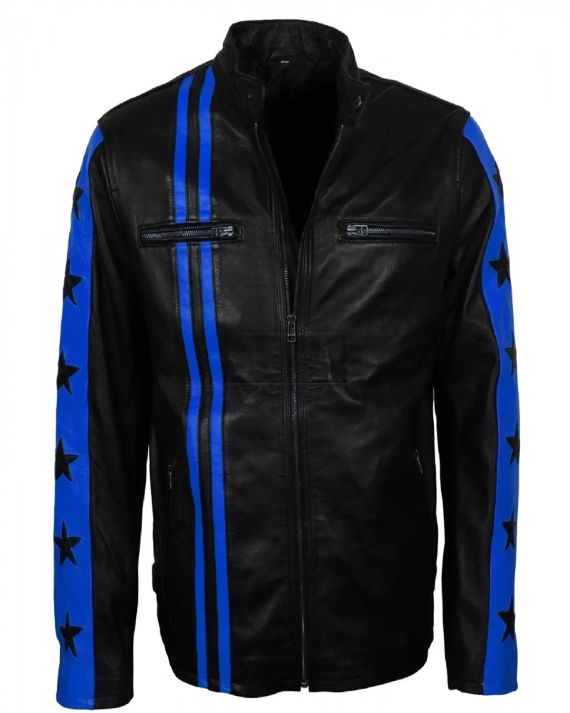 Men Blue Stripes Biker Jacket - image 3