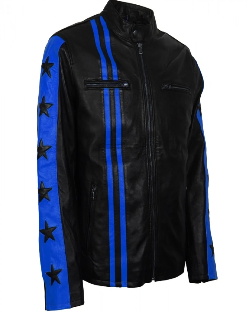 Men Blue Stripes Biker Jacket - image 4