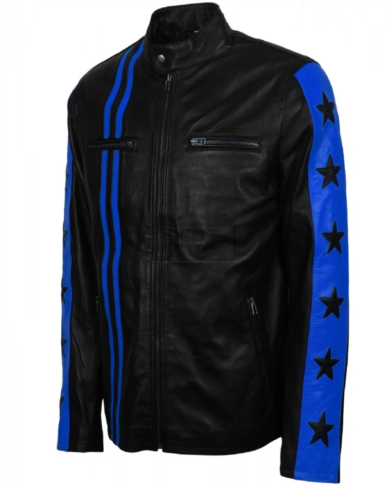 Men Blue Stripes Biker Jacket - image 5
