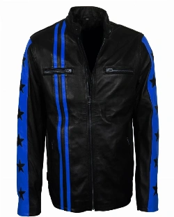 Men Blue Stripes Biker Jacket - image 3