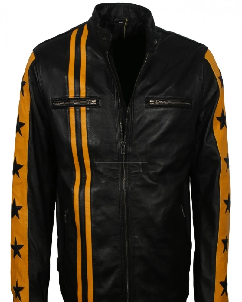 Men Yellow Stripes Biker Jacket - image 3
