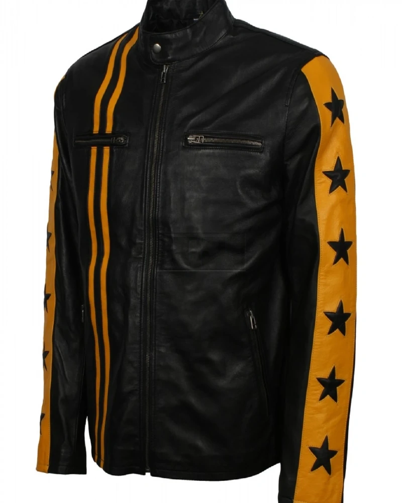 Men Yellow Stripes Biker Jacket - image 5