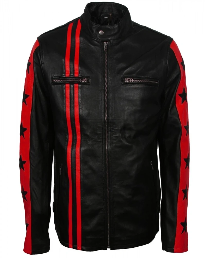 Men Red Stripes Biker Jacket - image 1