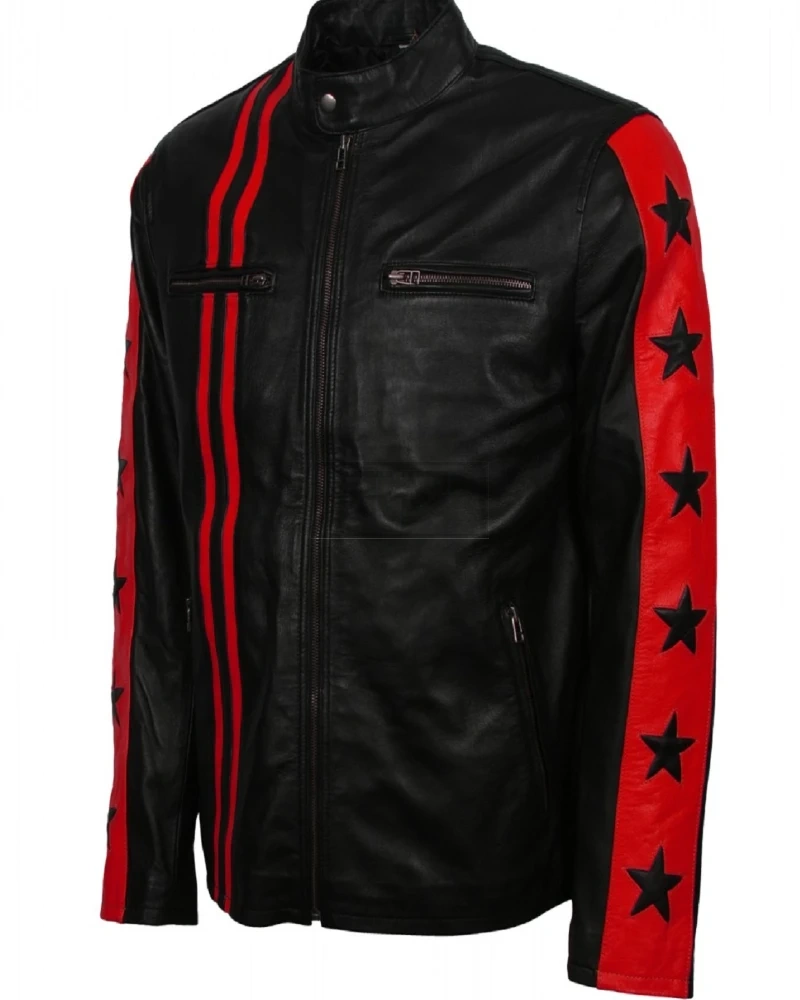 Men Red Stripes Biker Jacket - image 3