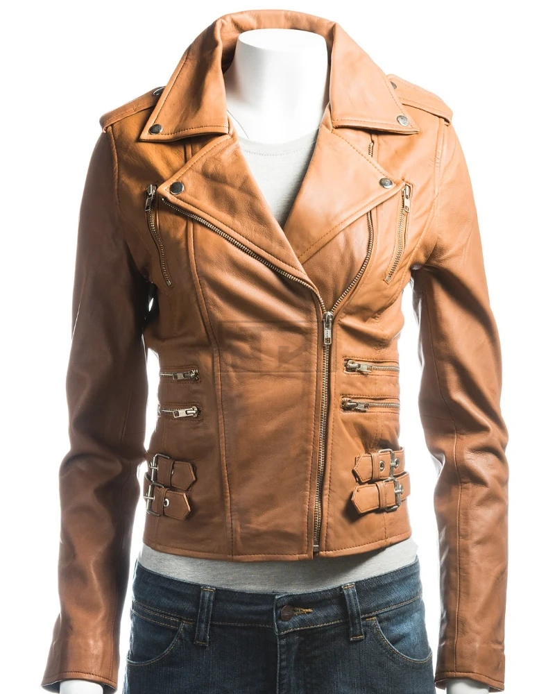 Ladies Tan Biker Jacket - image 1