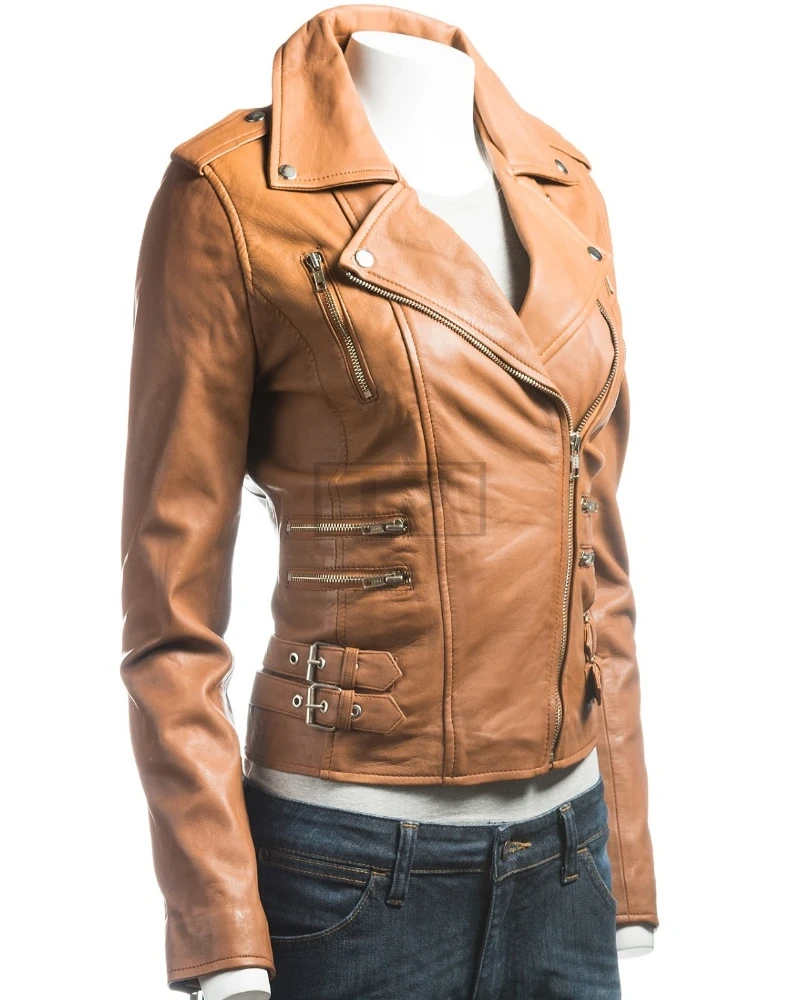 Ladies Tan Biker Jacket - image 3